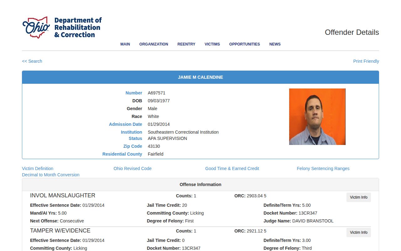 Fairfield County parole record with ODRC APA supervision fields
