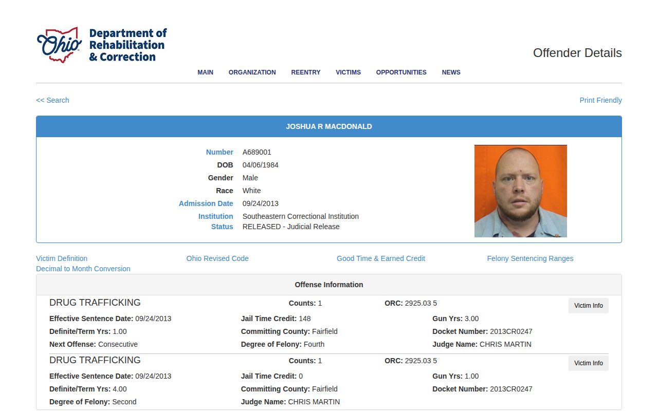 Fairfield County ODRC released inmate record with official offender photo